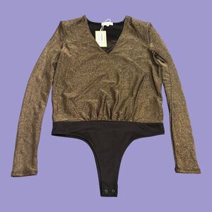 Ramy Brook Micheline Bodysuit Womens XS Gold Knit Metallic Stretch Long Sleeve